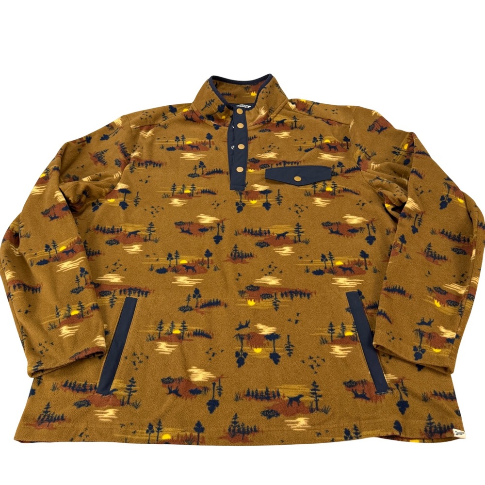 Duluth Trading Co XL Relaxed Fit Fleece Pullover Brown Scenic Dog‎ Print Snap